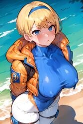 ai_generated apex_legends blonde_hair blue_eyes blue_suit orange_jacket outdoors short_hair stable_diffusion wattson_(apex_legends) white_panties