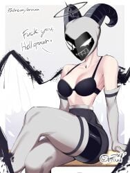 angel angel_wings arm_support athletic_female black_bra black_halo boots bra breasts cleavage crossed_legs elbow_gloves english_text exorcist_(hazbin_hotel) female gloves halo hazbin_hotel high-waist_pants highres horned_mask horns looking_at_viewer lute_(hazbin_hotel) mask orouu paid_reward_available pants partially_clothed profanity sitting solo thigh_boots thighhighs underwear vivienne_medrano wings