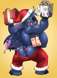 2023 4_arms 4_fingers absurd_res alien antennae_(anatomy) anthro anthrofied ass back_markings back_spines backsack balls barely_visible_balls barely_visible_genitalia biped blue_body blue_claws blue_fur blue_nose blush blush_stickers bottomwear bubble_butt christmas christmas_clothing christmas_headwear claws clothing digital_drawing_(artwork) digital_media_(artwork) dipstick_antennae disney ears_down experiment_(lilo_and_stitch) exposed_butt finger_claws fingers fur genitals gift gift_box gift_tag gradient_background hat headgear headwear hi_res holding_gift holding_object holidays lilo_and_stitch looking_at_viewer looking_back looking_back_at_viewer male male_only markings multi_arm multi_limb multicolored_antennae narrowed_eyes notched_ear open_mouth open_smile pants pivoted_ears rear_view red_bottomwear red_clothing red_pants red_thong red_underwear santa_hat shaded simple_background small_tail smile soft_shading solo standing stitch_(lilo_and_stitch) tail thong toe_claws tush underwear yellow_background