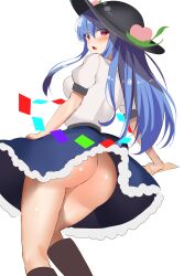 1girls big_butt black_headwear blue_hair blue_skirt boots breasts brown_footwear butt female food from_behind fruit fujiko_(emnprmn) highres hinanawi_tenshi leaf long_hair looking_at_viewer looking_back oerba_yun_fang peach_(fruit) rainbow_order red_eyes shirt short_sleeves simple_background skin_fang skirt solo tenshi_hinanawi thighs touhou white_background white_shirt