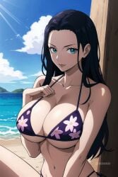 ai_generated beach_background big_breasts big_breasts bikini bikini_bottom bikini_top black_hair blue_eyes cleavage female female_focus female_only light-skinned_female light_skin looking_at_viewer navel nico_robin olroxai one_piece solo solo_female solo_focus