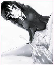 barefoot blush bottomless censored cum ejaculation feet footjob gaku_(pixiv) long_hair monochrome necktie panties penis saki touyoko_momoko underwear