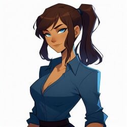 1girls ai_generated alternate_costume avatar_legends blue_dress_shirt blue_eyes brown_hair cleavage collared_shirt dark-skinned_female dark_skin dress_shirt female korra ponytail rolled_up_sleeves side_view smile the_avatar the_legend_of_korra water_tribe