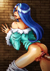 2boys against_wall anal anal_sex androgynous ass balls ballsack bare_shoulders blue_hair blush brick_wall censored crossdressing erection femboy gay gay_sex human human_only lilysick long_hair_male male male/male male_on_male male_only male_penetrating_male multiple_boys naruhiko out_of_frame penis pop'n_music purple_eyes running_bond saliva scrotum sex testicles trap yaoi