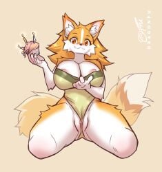 anthro big_breasts biped breasts candle canid canine countershade_face countershade_fur countershading cupcake dipstick_tail dragonfu female fingers food fox fur genitals hi_res inner_ear_fluff mammal markings pussy smile solo tail tail_markings tuft