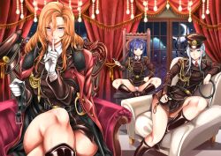 2d 3girls belt dominant_female dominatrix female female_only femdom holding_belt holding_whip military_hat military_jacket military_uniform miryuku multiple_doms multiple_girls riding_crop whip