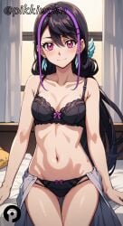 ai_generated ass_visible_through_thighs bangs black_bra black_hair black_panties blush bow bra breasts cleavage closed_mouth collarbone earrings female female_only indoors jewelry kurosaki_ruri long_hair looking_at_viewer lulu_obsidian medium_breasts multicolored_hair navel panties pikkiwynn pink_eyes purple_hair sitting smile solo stomach streaked_hair thigh_gap underwear underwear_only window yu-gi-oh!_arc-v