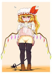 blonde_hair blush flandre_scarlet genb hat ponytail pussy pussy_juice red_eyes short_hair side_ponytail skirt skirt_lift thighhighs tied_hair touhou uncensored wings