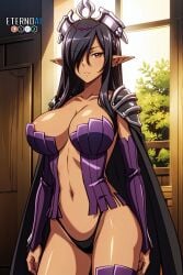 1girls ai_generated amber_eyes big_breasts black_female black_hair boob_window ebony elf_ears eternoai hair_over_one_eye kuroinu_~kedakaki_seijo_wa_hakudaku_ni_somaru~ long_hair looking_at_viewer olga_discordia thighhighs thighs thong watermark