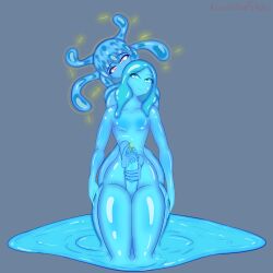 1boy 1girls big_penis blue_body blue_eyes blue_hair electricity electro_gel erection glistening_body goopy_(kawaiiredpandas) handjob heart-shaped_pupils kawaiiredpandas large_breasts puddle slime slime_boy slime_girl translucent_body yellow_eyes