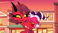 big_breasts breast_expansion demon demon_girl demon_horns head_between_breasts helluva_boss millie_(helluva_boss) moxxie_(helluva_boss) otakusedits screenshot_edit