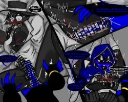 2boys bed black_(sprunki) blush clothed crying cum_inside cuntboy/male dick gay_sex grabbing_ass grabbing_legs heart-shaped_pupils incredibox_mod jevin_(sprunki) open open_mouth penis sprunki sweat x-ray