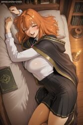 1girl :d ai_generated blush book breasts cape hi_res high_quality high_resolution indoors large_breasts long_hair long_sleeves looking_at_viewer lying on_side open_mouth orange_hair patreon savvyraexo seductive sexy shirt skirt smile solo uncensored watermark
