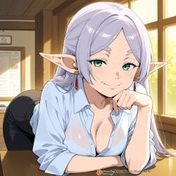 1girls ai_generated breasts elf face female female_only frieren frieren_beyond_journey's_end male mature_female milf office office_clothing office_lady solo_focus sousou_no_frieren sweat uncensored white_hair