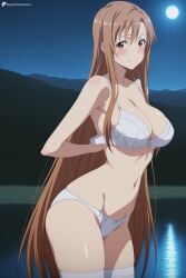 ai_generated asuna_(sao) blush bra breasts brown_eyes brown_hair cleavage cowboy_shot digitalwaifugallery female full_moon hi_res high_quality high_resolution large_breasts long_hair looking_at_viewer moon navel night night_sky panties patreon seductive sexy sky smile solo sword_art_online thighhighs uncensored underwear underwear_only very_long_hair watermark white_bra white_legwear white_panties yuuki_asuna