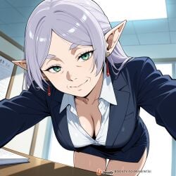 1girls ai_generated breasts elf face female female_only frieren frieren_beyond_journey's_end male mature_female milf office office_clothing office_lady solo_focus sousou_no_frieren sweat uncensored white_hair