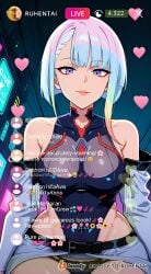 ai_generated cheating cheating_female cheating_girlfriend cheating_wife covered_nipples cyberpunk cyberpunk:_edgerunners cyberpunk_2077 cyberpunk_clothes cyberpunk_girl dirty_talk female from_below lingerie looking_at_another looking_at_partner looking_at_viewer lucyna_kushinada medium_breasts mommy naughty naughty_face naughty_girl naughty_smile neon netorare nsfw ntr outfit pose seductive seductive_body seductive_expression seductive_eyes seductive_female seductive_look seductive_mouth seductive_pose seductive_smile sexy sexy_armpits sexy_body sexy_clothing sexy_dress sexy_female sexy_pose short_hair skirt skirt_lift skirt_up stream streamer streaming sweat sweaty sweaty_body tagme thick_thighs thighs video voice voice_acted