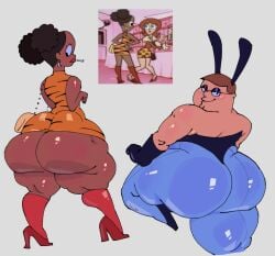 1boy 1girls ass ass_focus background_character big_ass bunnysuit crossover dark-skinned_female dexter's_laboratory dudeman80085 family_guy high_heel_boots huge_ass light-skinned_male minidress overweight_male peter_griffin red_boots reference_image star_check_unconventional_(dexter's_laboratory) tiger_print tiger_print_dress