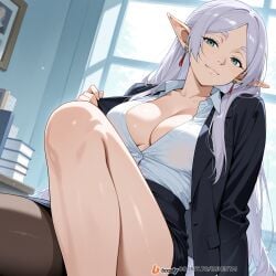 1girls ai_generated breasts elf face female female_only frieren frieren_beyond_journey's_end male mature_female milf office office_clothing office_lady solo_focus sousou_no_frieren sweat uncensored white_hair