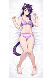 ai_generated bed_sheet blush bra breasts cat_ears cat_girl dakimakura erisa_(fortnite) female long_hair on_bed panties purple_hair solo_female straight_hair stripped_panties tail toes yellow_eyes