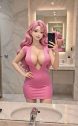 ai ai_art ai_generated bathroom_selfie blair_(3on3freestyle) blue_eyes cleavage dress pink_dress pink_hair selfie tight_dress