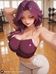 ai_generated big_ass big_breasts closed_mouth code_geass cornelia_li_britannia cute cute_face female female_focus female_on_cloth indoors large_ass large_breasts larger_female lewder light-skinned_female light_skin long_hair looking_at_viewer purple_eyes purple_hair solo standing tagme vaginal_penetration