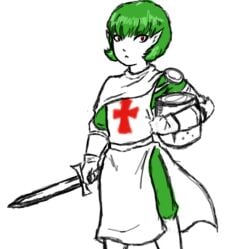 1girls armor bucket_helmet cross cross_patte franktonius gardevoir gen_3_pokemon green_hair helmet holding_sword holding_weapon knight pauldron pointy_ears pokemon pokemon_(species) red_eyes solo sword tabard weapon white_skin
