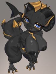 absurd_res anthro areola big_breasts black_areola black_body black_nipples blue_eyes breasts egyptian female hi_res horn kobold markings nipples presenting scalie shortstack solo tefnut_(shark) thick_thighs wide_hips yariksharik