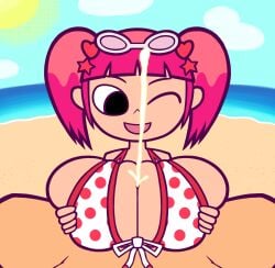 1boy 1girls accurate_art_style beach bikini bikini_ribbon black_eyes blue_sky breasts_squeezed_together cloud cum cumshot drei_(artist) ejaculation eyewear_on_head glasses glasses_on_head heart_hair_ornament looking_at_penis male_pov milk_(pop'n_music) one_eye_closed outdoors paizuri penis pink_hair polka_dot_bikini pop'n_music pop'n_music_artstyle pov red_trim ribbon skindentation sky smile star_hair_ornament straight sun sunglasses twintails water white-framed_eyewear white_bikini white_ribbon