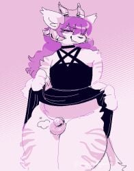 2025 anthro arm_tuft balls biped black_clothing black_dress bottomwear chastity_cage chastity_device choker clothed clothing clothing_lift demon dress fangs fur genitals hair horn horn_jewelry horn_ring inner_ear_fluff inverted_pentagram jewelry looking_at_viewer male markings multi_horn necklace occult_symbol pentagram pentagram_top pink_body pink_fur pinkshinyhorns purple_hair ring_(jewelry) shoulder_tuft skirt skirt_lift solo striped_markings stripes symbol tail teeth tuft