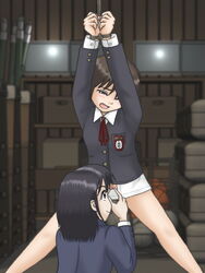 arms_up bondage bottomless bound_hands evil_grin female femdom forced gym_storeroom imminent_rape legs_held_open multiple_girls poke pussy rope school school_uniform schoolgirl shaved_pussy short_hair spread_legs undressing yuri