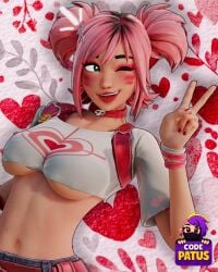 1female 1girls 2026 3d blue_eyes bracelet bracelets breast_focus breasts choker clothed clothed_female clothing colored_nails crop_top denim_shorts epic_games esme_(fortnite) eyeshadow face_markings female female_only fortnite fortnite:_battle_royale front_view hair_ornament light-skinned_female light_skin light_skinned_female lipstick makeup nail_polish neckwear one_eye_closed open_mouth painted_nails patunsfw peace_sign pink_hair pink_hair_female pink_lipstick red_nail_polish red_nails smile smiling solo solo_female soypatu_nsfw tagme twintails twintails_(hairstyle) underboob v_sign