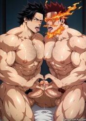 1boy abs ai_generated arms_crossed balls bara beard_stubble biceps big_balls big_penis boku_no_hero_academia crossover cum cumshot daddy dilf endeavor_(my_hero_academia) enji_todoroki frottage frown frowning_at_viewer heart_symbol kissing kyorzart looking_at_viewer looking_down looking_down_at_viewer low-angle_view male male_only male_pubic_hair masculine_male mature_male muscular muscular_male my_hero_academia nude pecs penis pov pov_eye_contact pubic_hair red_hair scar serious solo solo_male standing_over_viewer wet yami_sukehiro yaoi