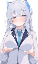 absurdres blue_archive blue_necktie blush breasts commentary female halo highres large_breasts long_hair mechanical_halo necktie noa_(blue_archive) nui_(nuinui0300) purple_eyes shirt simple_background solo variant_set white_background