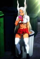 ai_generated alleyway bunny_ears bunny_girl lolipop mirko my_hero_academia on_phone prussia123 rumi_usagiyama school_uniform schoolgirl slutty_female trash_can