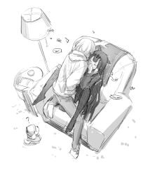 2girls commentary covering_own_mouth fingering greyscale highres hololive hololive_english long_hair monochrome multiple_girls ninomae_ina'nis no_shoes pants short_hair simple_background spread_legs untranslatable_commentary virtual_youtuber watson_amelia white_background yohchi yuri