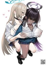2girls absurdres ahoge asuna_(blue_archive) asuna_(school_uniform)_(blue_archive) black_hair black_shoes black_socks blonde_hair blue_archive blue_cardigan blue_eyes blue_halo blue_skirt blush breasts cardigan choker collarbone commentary_request covered_nipples dark-skinned_female dark_skin grabbing_another's_breast grabbing_another's_thighs gradient_hair groping hair_over_one_eye halo highres karin_(blue_archive) karin_(school_uniform)_(blue_archive) large_breasts leg_up long_hair looking_at_another looking_down multicolored_hair multiple_girls nipples no_bra no_bra_under_clothes open_cardigan open_clothes parted_lips pleated_skirt purple_hair purple_halo qr_code see-through_clothes shirt shoes sitting sitting_on_person skirt sleeves_rolled_up socks sweat thigh_on_another's_crotch thighs very_long_hair white_shirt whx_pl yellow_eyes yuri