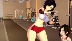 2girls black_hair black_hair_female clothed_female darkslayer_(artist) gym_clothes gym_shorts gym_uniform red_highlights ruby_rose rwby silver_eyes weights