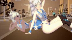 2girls blue_eyes clothed_female darkslayer_(artist) gym_clothes gym_shorts gym_uniform long_hair long_hair_female pose posing rwby scar_across_eye weights weiss_schnee white_hair white_hair_female
