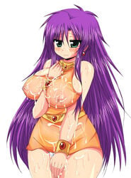 afuro bare_shoulders big_breasts blush breasts bukkake cosplay cum cum_on_arms cum_on_body cum_on_breasts cum_on_clothes cum_on_legs cum_on_lower_body cum_on_upper_body earrings facial faris_scherwiz female female_only final_fantasy final_fantasy_five final_fantasy_v green_eyes human jewelry large_breasts lenna_charlotte_tycoon lenna_charlotte_tycoon_(cosplay) long_hair panties pantyshot purple_hair see-through sideboob solo sweat underwear white_panties wristband