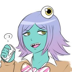 1girls bowtie cellphone franktonius gradient_hair midori_(space_patrol_luluco) phone pink_hair purple_hair sharp_teeth simple_background smartphone solo space_patrol_luluco white_background yellow_eyes