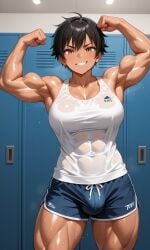 abs ai ai_generated big_breasts black_hair brown_eyes bulge_through_clothing muscle_mommy muscles original_character short_hair