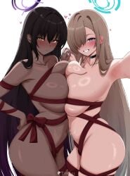 2girls aqua_halo armpits artist_name asuna_(blue_archive) black_choker black_hair blonde_hair blue_archive blue_eyes blue_nails blush bow breast_press breasts brown_eyes choker choppy_bangs cleavage closed_mouth collarbone commentary commentary_request cowboy_shot dark-skinned_female dark_skin ear_blush earrings english_commentary gradient_hair grin groin hair_intakes hair_over_one_eye halo hand_on_own_hip hand_up happy_valentine heart highres holding_hands huge_breasts interlocked_fingers jewelry karin_(blue_archive) long_hair looking_at_viewer mixed-language_commentary mole mole_on_breast multicolored_hair multiple_girls nail_polish naked_ribbon navel outstretched_arm paid_reward_available patreon_logo purple_hair purple_halo purple_nails pursed_lips red_bow ribbon ring_light_reflection shiny_skin sidelocks simple_background skindentation smile stomach stud_earrings sweat symmetrical_docking tyrzul valentine valentine's_day very_long_hair white_background