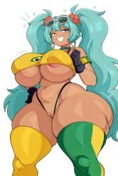 ai_generated bare_hips big_ass big_breast brazilian_flag brazilian_miku busty female fingerless_gloves green_thighhighs hatsune_miku mismatched_thighhighs pussy stomach tall_girl thick_thight yellow_halter_top yellow_thighhighs