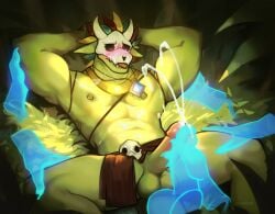 absurd_res anthro balls bone bone_mask bottomwear clothing disembodied_hand forest genitals ghost_hand hi_res lizard loincloth male mask muscular muscular_anthro muscular_male nipple_piercing nipples outside penis piercing plant reptile scalie skull skull_mask solo terraria tree witch_doctor_(terraria) wowsibart