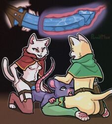 1boy 1boy2girls 2girls 2girls1boy animal_genitalia archer artist_name artwork_(digital) big_dildo bisexual bisexual_female blowjob blue_dildo cat_archer_(cat_bait) cat_bait cat_ears cat_tail catboy catgirl digital_media_(artwork) dildo dildo_in_ass feline fellatio green_clothing lying mouse mouse_ears mouse_girl mouse_knight_(cat_bait) mouse_tail open_mouth oral panovmax_(artist) pegging purple_body purple_fur red_clothing red_eyes rodent size_difference small_penis straight strap-on white_body white_fur yellow_body yellow_fur
