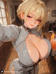 1girls ai_generated big_ass big_breasts blonde_hair blush breasts ear_piercing earrings evelyn_chevalier female female_on_cloth female_only hair large_ass large_breasts lewder light-skinned_female light_skin looking_at_viewer mole mole_under_eye on_knees purple_eyes pussy smile solo solo_female standing thighs vagina valentine's_day zenless_zone_zero