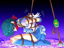 ami_mizuno arms_behind arms_behind_back bent_over bishoujo_senshi_sailor_moon blue_hair blush bondage boots clothing elbow_gloves erect_nipples erect_nipples_under_clothes female female_only gag gloves human kneeling nipples nonude rope sailor_mercury school_uniform short_hair skirt small_breasts solo spark_utamaro straight_hair white_gloves