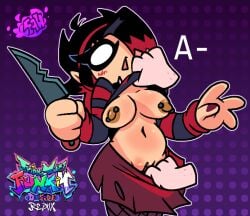 2026 ahoge areola areolae artist_signature artist_watermark big_eyelashes black_hair black_hair_female black_shirt blush blush_lines blushing_female choker choker_collar d-side_nene disembodied_hands eyelashes feet_out_of_frame fishnet fishnet_legwear fishnet_stockings fishnets friday_night_funkin friday_night_funkin_(d-side) friday_night_funkin_mod going_commando gradient_background hairband halftone_background head_up holding_knife holding_object holding_weapon innie_belly_button leahisluscious logo nene_(newgrounds) newgrounds nipple_piercing no_underwear nude_under_clothes pico's_school pointy_eared_humanoid pointy_ears pulling_down_skirt pulling_up_shirt purple_background purple_fingernails red_hairband red_highlights red_mouth red_skirt red_stripes small_image small_pussy surprised surprised_expression tan_areola tan_nipples two-tone_hair white_eyes white_pupils