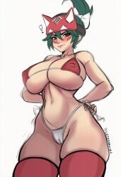 beach bikini bikini_bottom bikini_top blush blush_lines blushing_at_viewer bratty breasts brown_eyes curvy curvy_female curvy_figure exclamation_point female female_focus female_only green_hair hands_on_hips kiriko_(overwatch) lunassecret nipple_bulge nipples overwatch overwatch_2 pussy pussy_bulge sexy sexy_body sexy_female sexy_pose solo solo_female submissive submissive_female thighs tied_bikini waist
